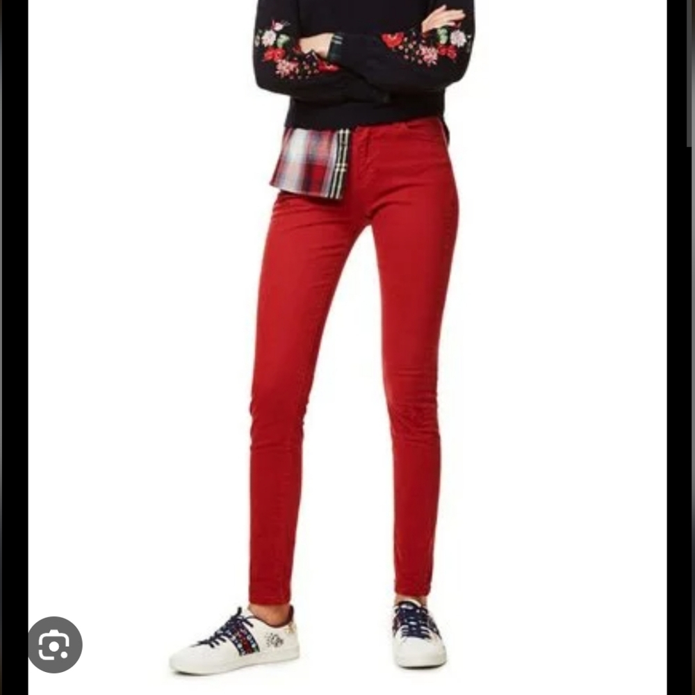 Desigual Red Floral Embroided Skinny Jeans Size Eur 46 US 10